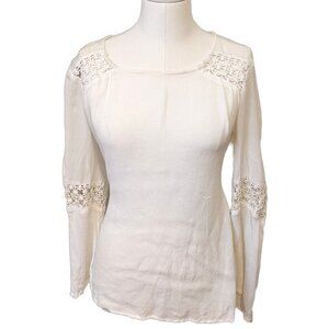 Womens White Sheer Boho Long Sleeve Top Lace Panel Summer Beach Sz L